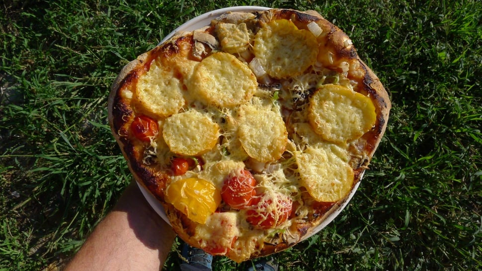 A hand holding a tray of baked pizza above green grass.