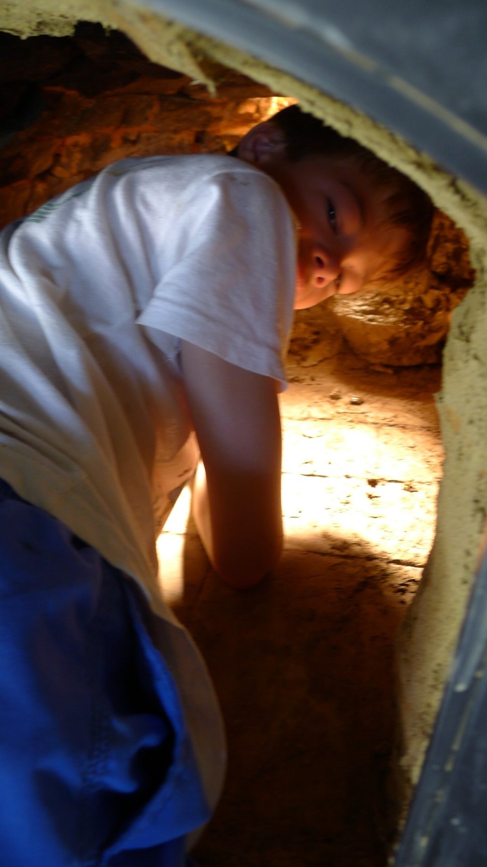 A child in a white shirt leaning into a clay oven.